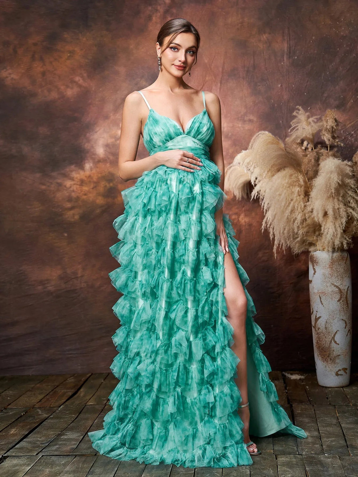 Maternity Plunging Ruffle Sleeveless A-Line Evening Gown — authorized product image 5