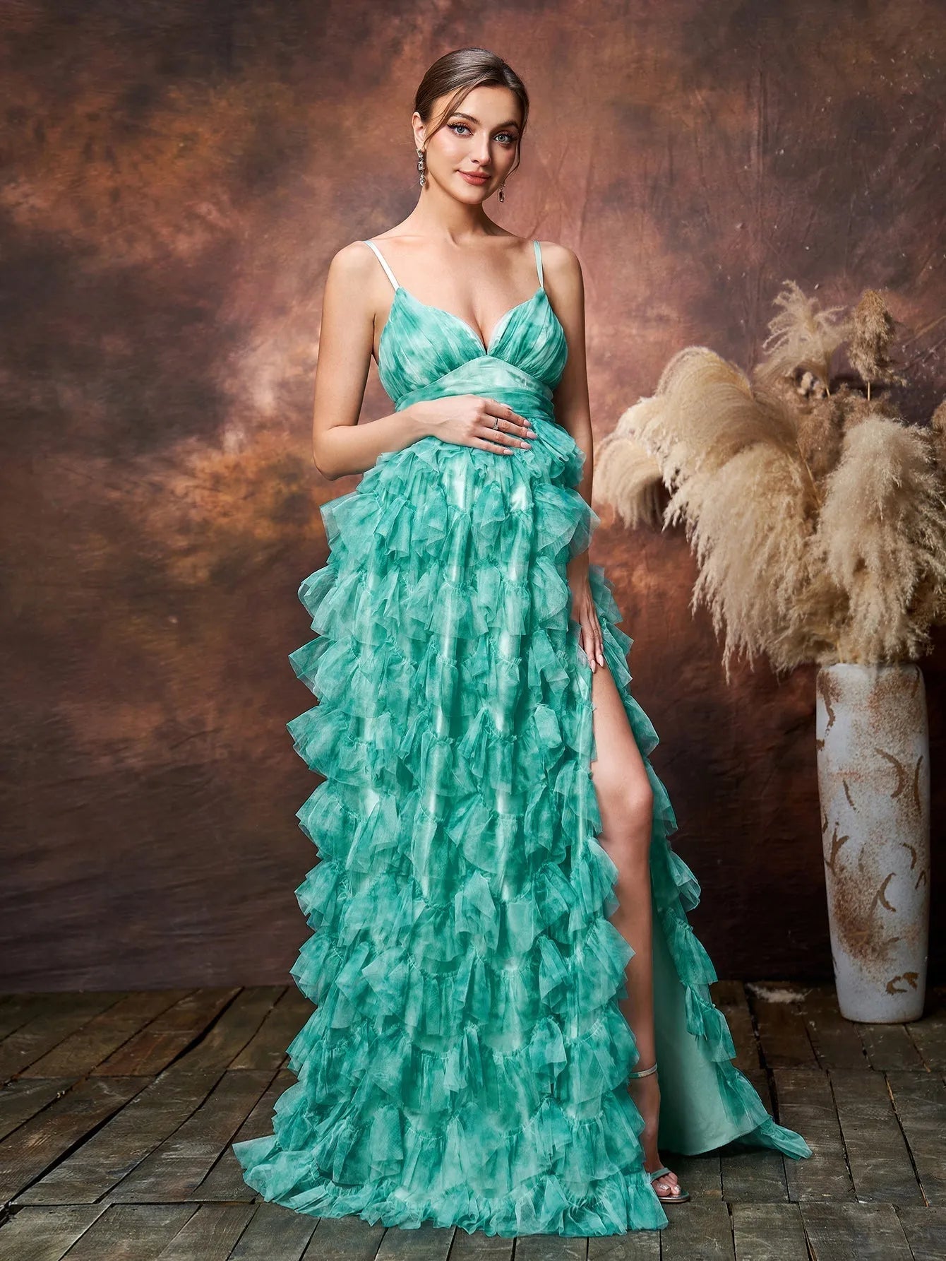 Maternity Plunging Ruffle Sleeveless A-Line Evening Gown — authorized product image 5