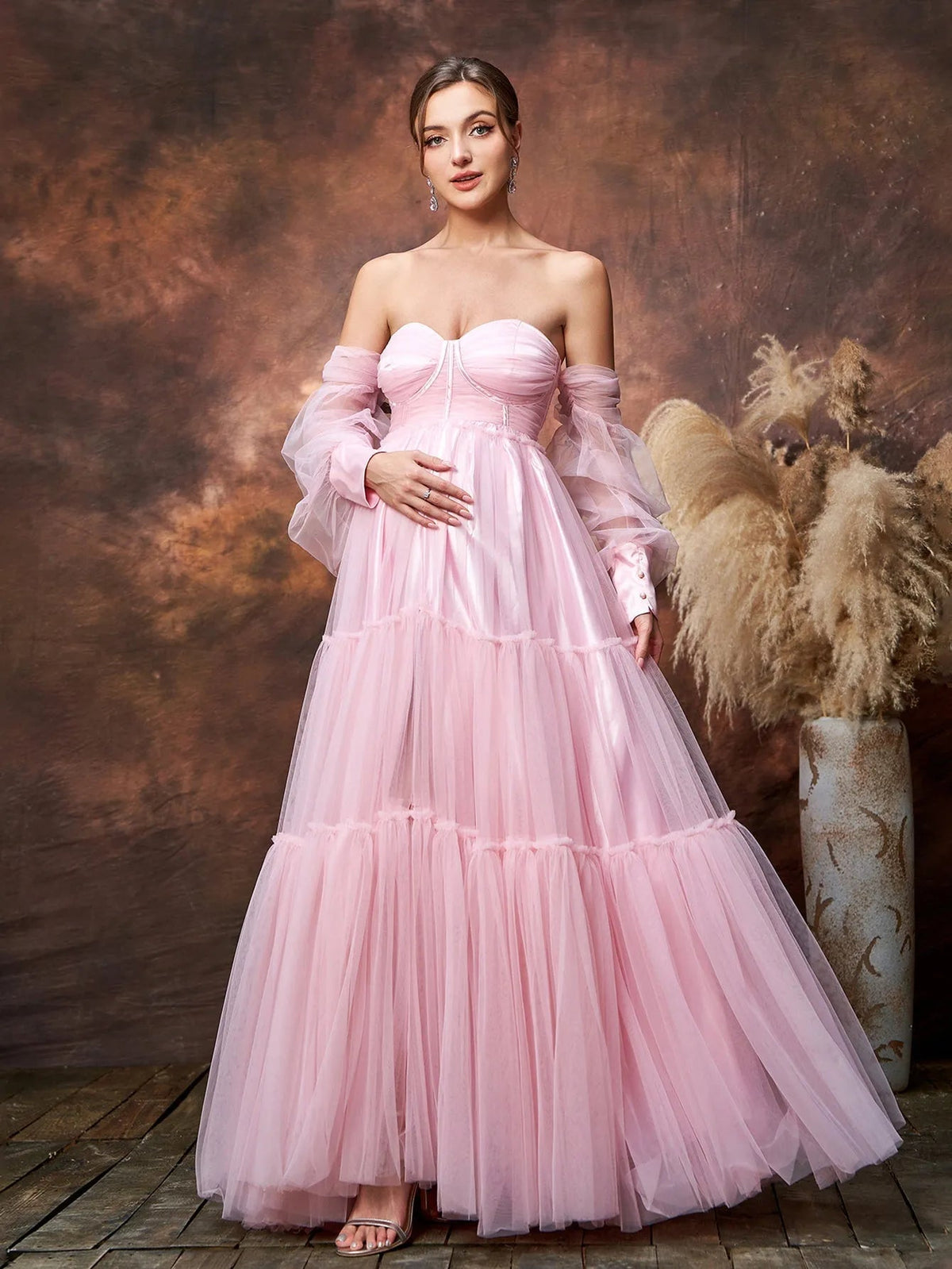 Maternity Off-Shoulder Bishop Sleeve Split Tulle Evening Dress — authorized product image 3