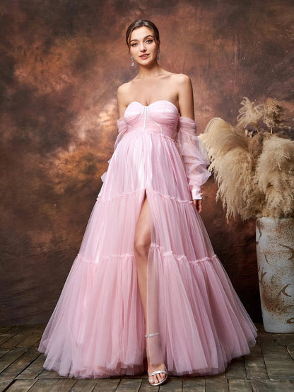 Maternity Off-Shoulder Bishop Sleeve Split Tulle Evening Dress — authorized product image 4