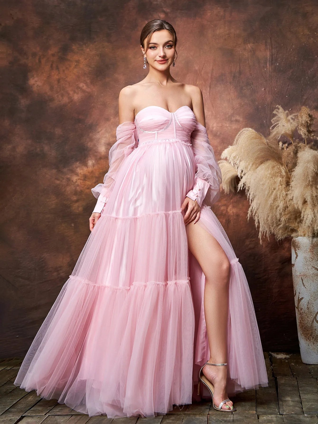 Maternity Off-Shoulder Bishop Sleeve Split Tulle Evening Dress — authorized product image 5