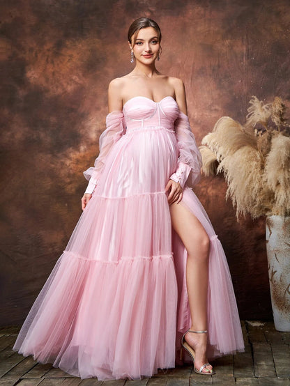 Maternity Off-Shoulder Bishop Sleeve Split Tulle Evening Dress — authorized product image 5