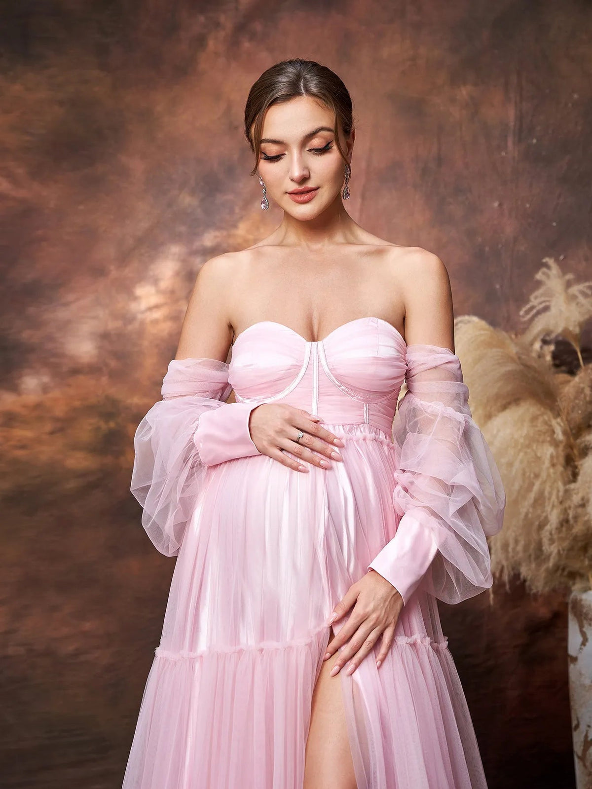 Maternity Off-Shoulder Bishop Sleeve Split Tulle Evening Dress — authorized product image 6