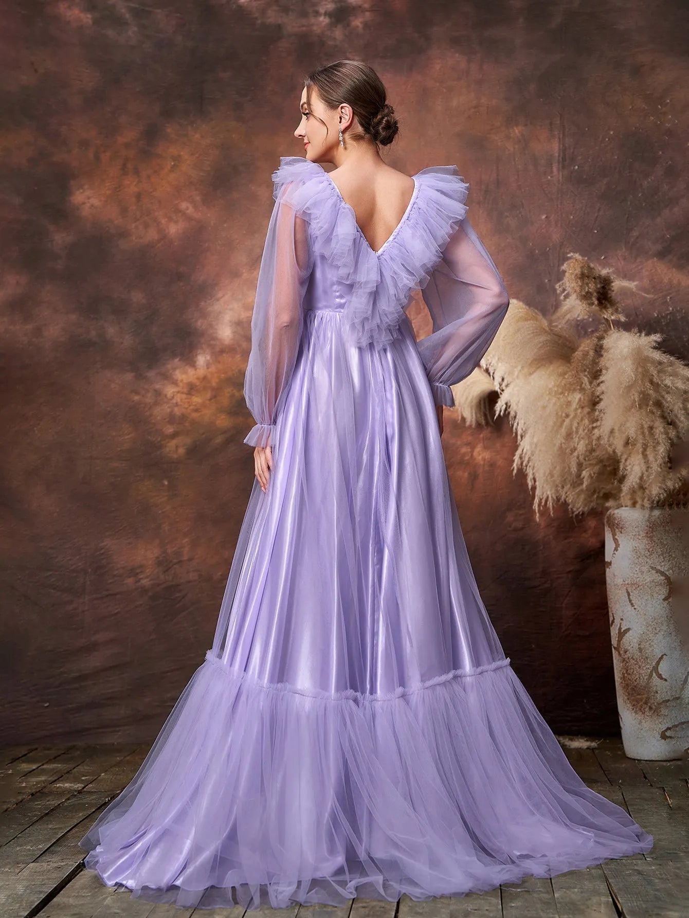 Maternity V-Neck Tulle Long-Sleeve A-Line Evening Gown — authorized product image 2