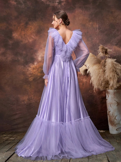 Maternity V-Neck Tulle Long-Sleeve A-Line Evening Gown — authorized product image 2