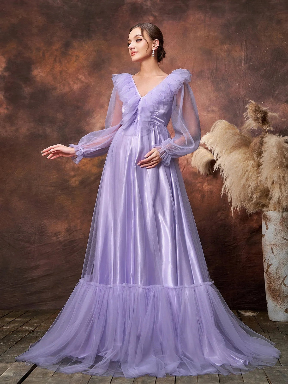 Maternity V-Neck Tulle Long-Sleeve A-Line Evening Gown — authorized product image 4