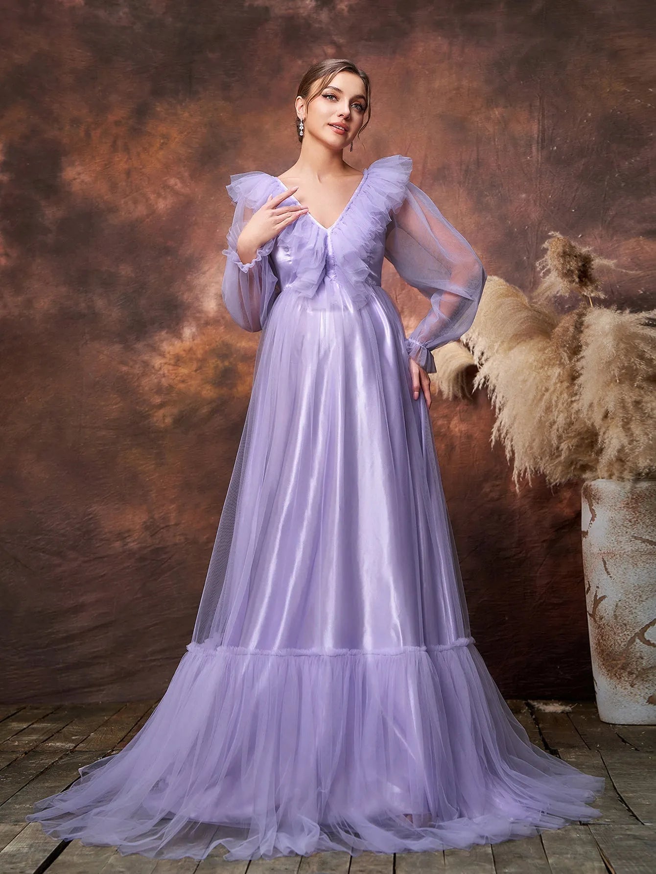 Maternity V-Neck Tulle Long-Sleeve A-Line Evening Gown — authorized product image 3