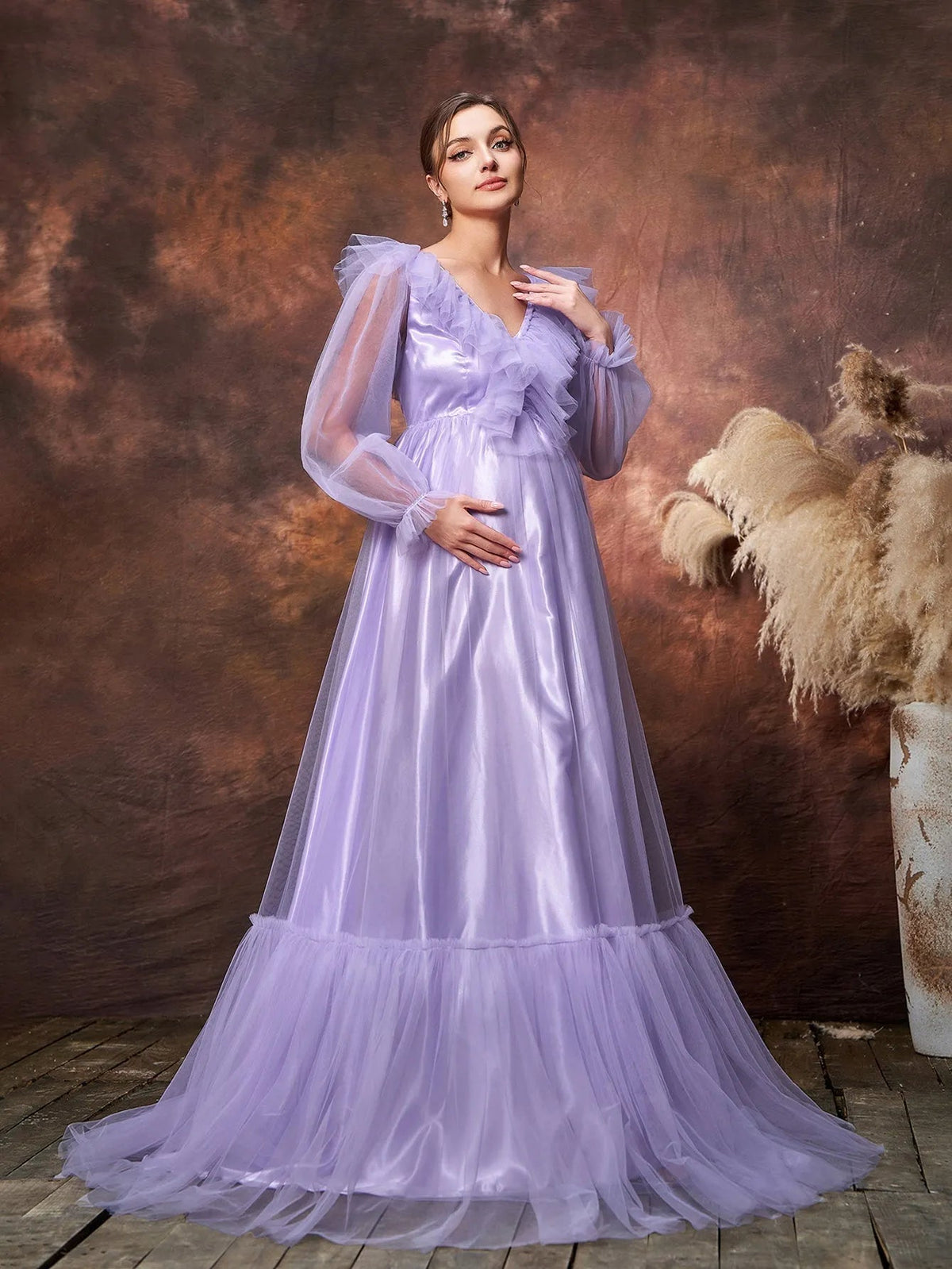 Maternity V-Neck Tulle Long-Sleeve A-Line Evening Gown — authorized product image 5