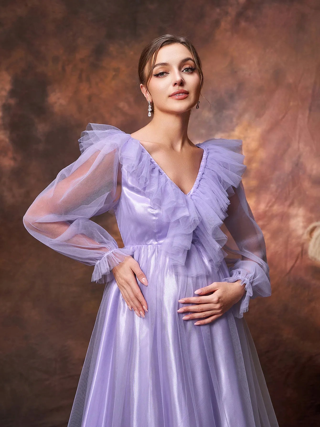 Maternity V-Neck Tulle Long-Sleeve A-Line Evening Gown — authorized product image 6