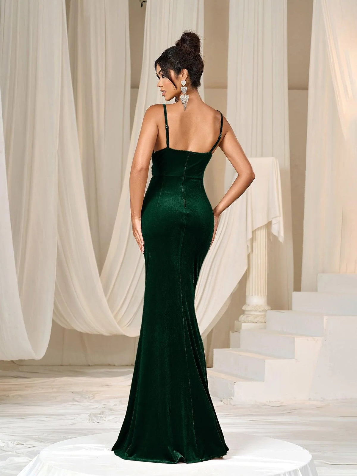 Additional product view of Spaghetti Strap Surplice-Neck Velvet High-Slit Mermaid Evening Gown
