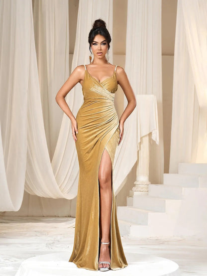 Additional product view of Spaghetti Strap Surplice-Neck Velvet High-Slit Mermaid Evening Gown
