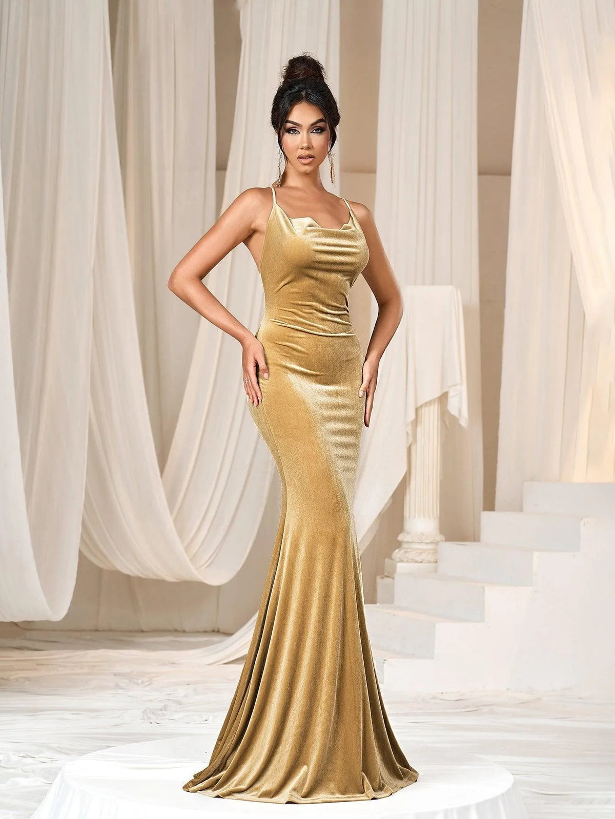 Additional product view of Cami Strap Velvet Backless Mermaid Sleeveless Evening Gown