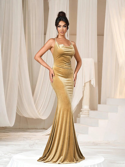 Additional product view of Cami Strap Velvet Backless Mermaid Sleeveless Evening Gown