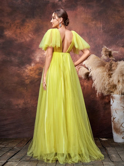 Maternity Plunging Tulle Short-Sleeve A-Line Evening Gown — authorized product image 2