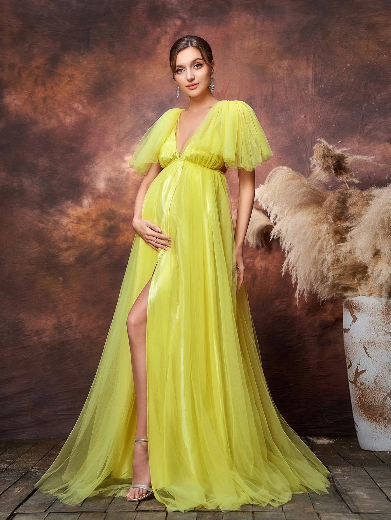 Maternity Plunging Tulle Short-Sleeve A-Line Evening Gown — authorized product image 4
