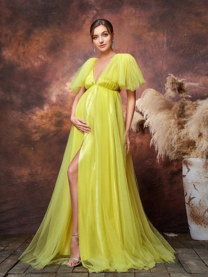 Maternity Plunging Tulle Short-Sleeve A-Line Evening Gown — authorized product image 4