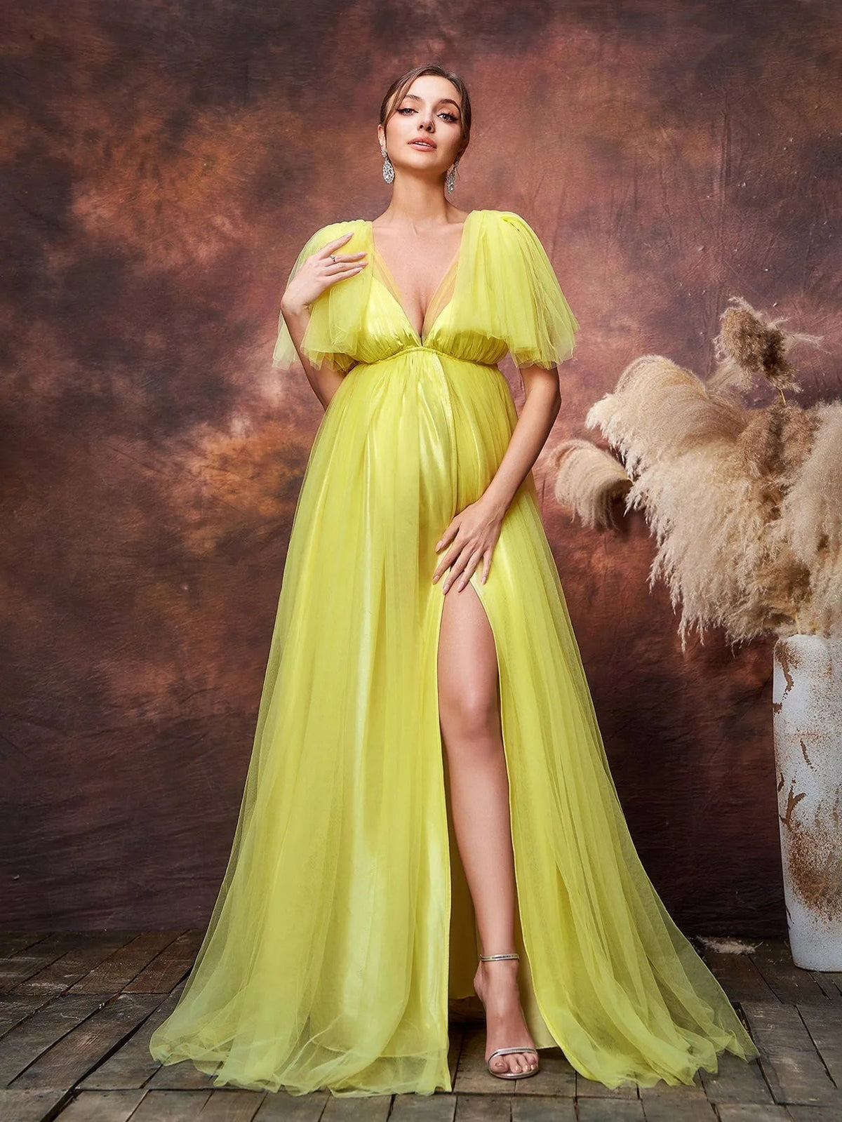 Maternity Plunging Tulle Short-Sleeve A-Line Evening Gown — authorized product image 3