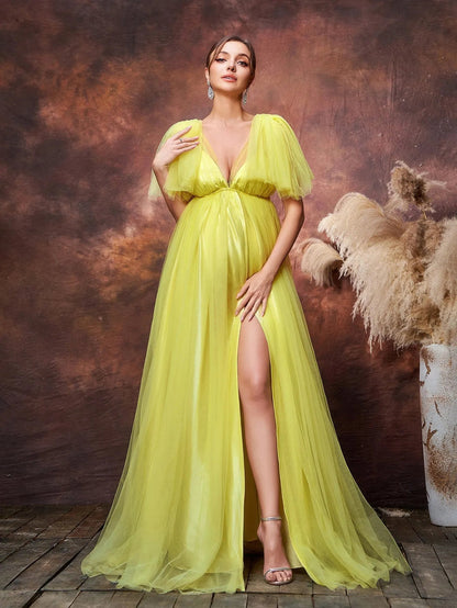 Maternity Plunging Tulle Short-Sleeve A-Line Evening Gown — authorized product image 3