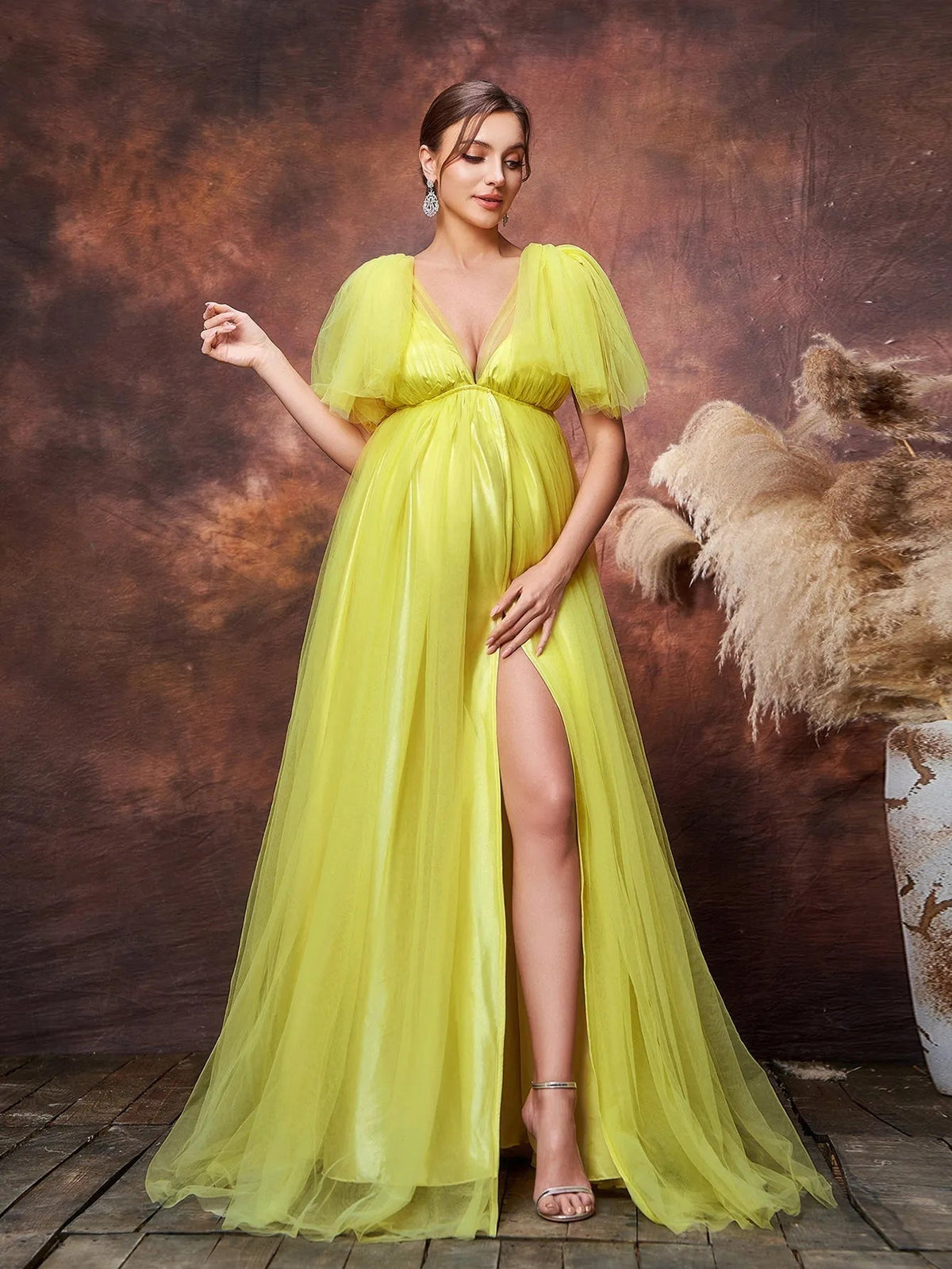 Maternity Plunging Tulle Short-Sleeve A-Line Evening Gown — authorized product image 5