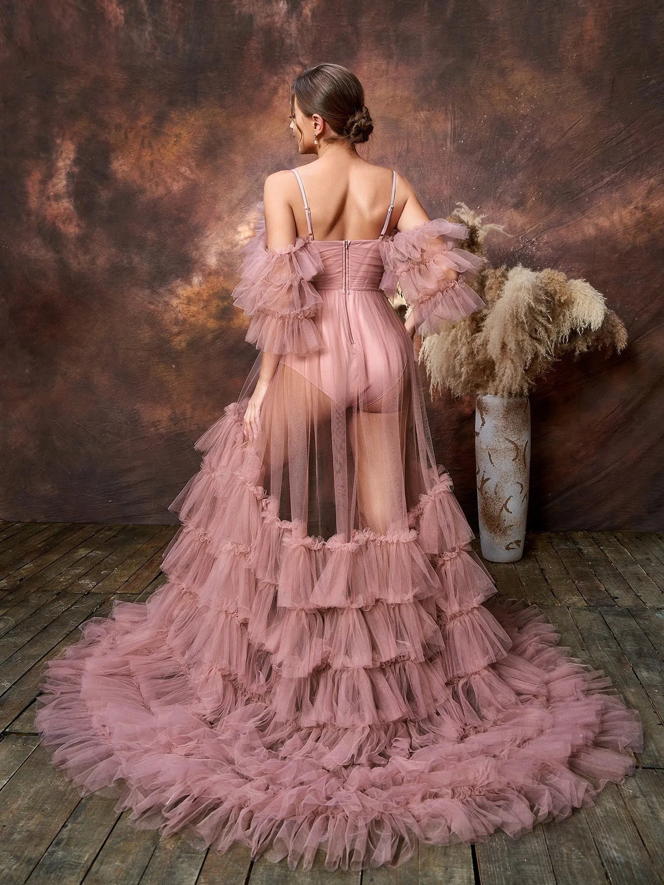 Additional product view of Layered Hem Cami Strap Off-Shoulder Mesh A-Line Maternity Formal Dress