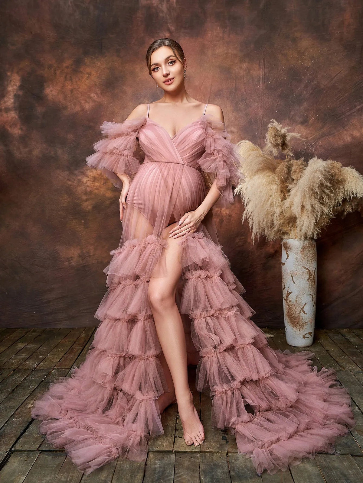 Layered Hem Cami Strap Off-Shoulder Mesh A-Line Maternity Formal Dress