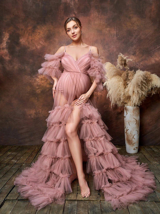 Layered Hem Cami Strap Off-Shoulder Mesh A-Line Maternity Formal Dress