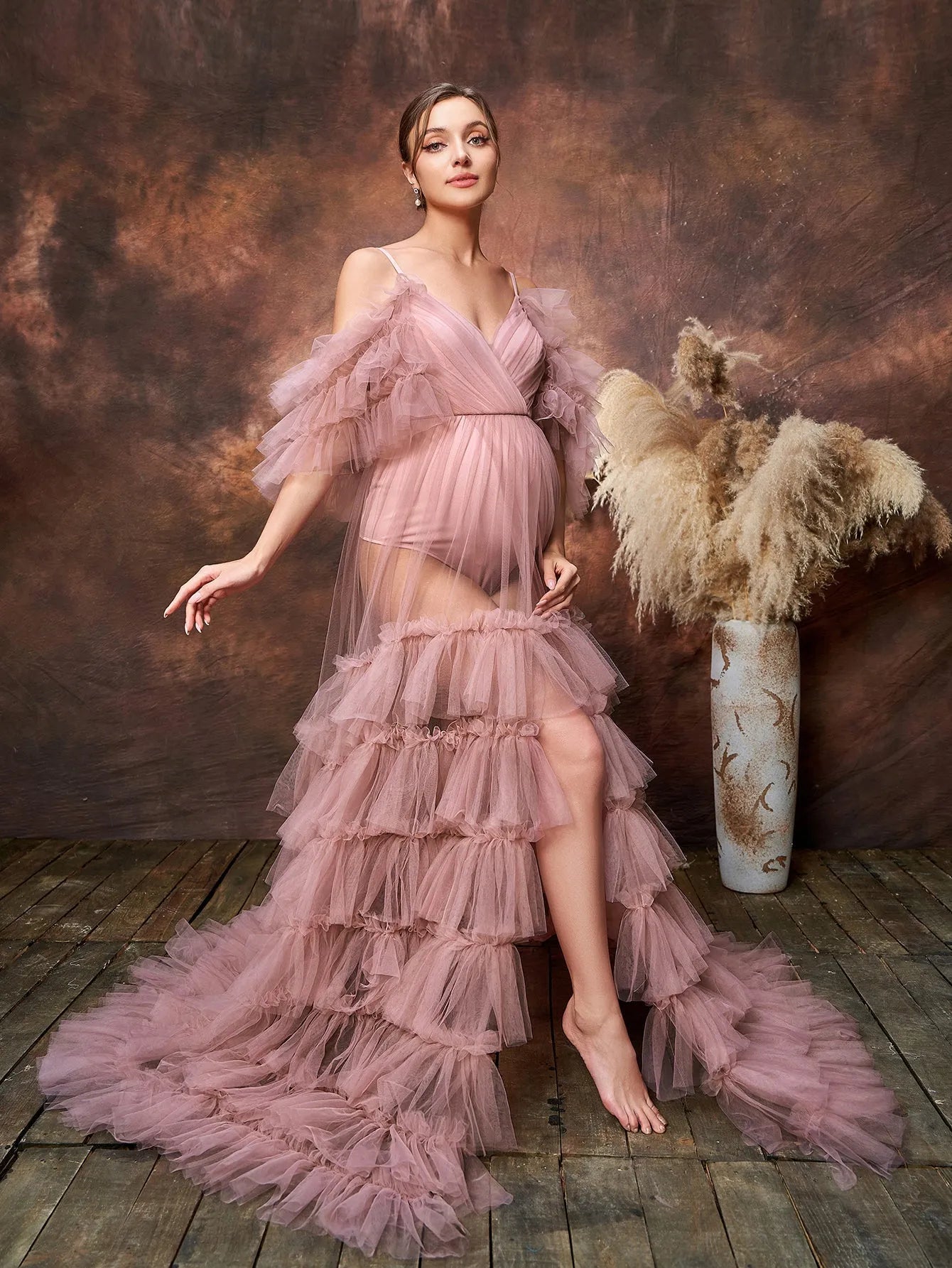 Additional product view of Layered Hem Cami Strap Off-Shoulder Mesh A-Line Maternity Formal Dress