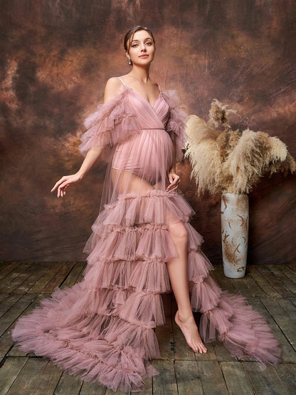 Additional product view of Layered Hem Cami Strap Off-Shoulder Mesh A-Line Maternity Formal Dress