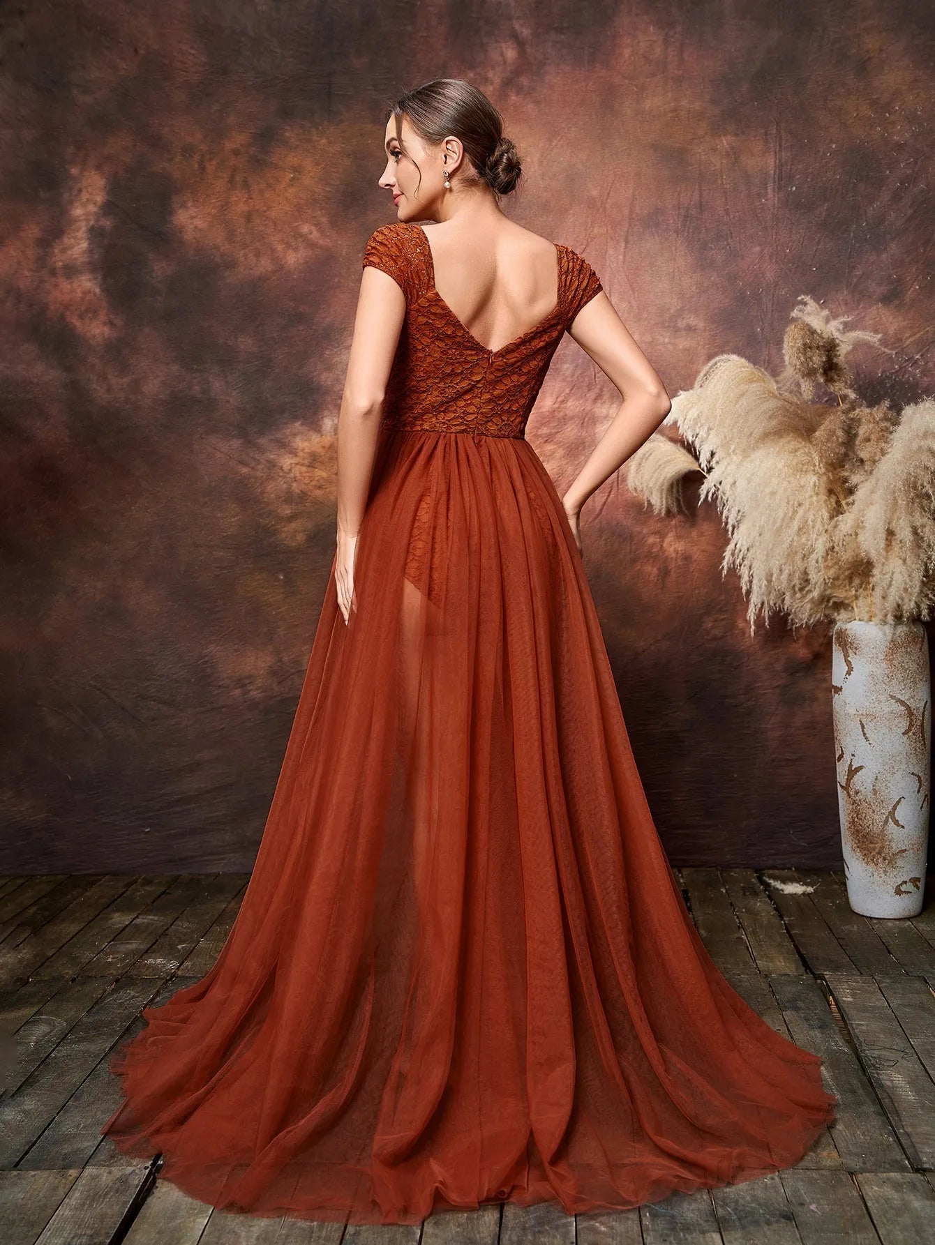 Additional product view of Mesh Overlay Cap-Sleeve Sweetheart-Neck Lace A-Line Maternity Formal Dress