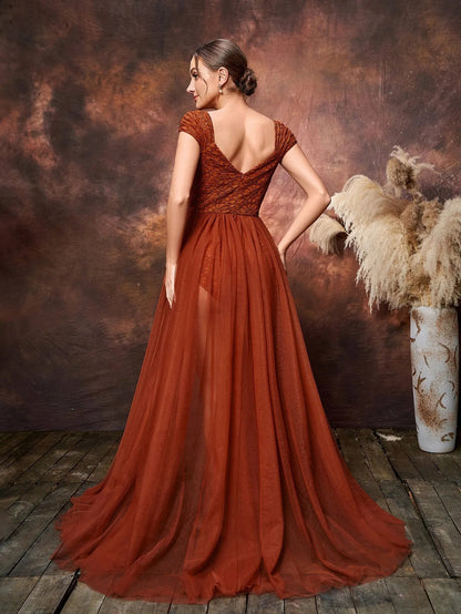 Additional product view of Mesh Overlay Cap-Sleeve Sweetheart-Neck Lace A-Line Maternity Formal Dress