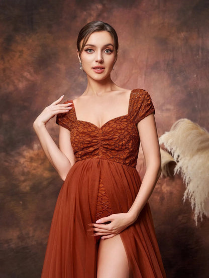 Additional product view of Mesh Overlay Cap-Sleeve Sweetheart-Neck Lace A-Line Maternity Formal Dress