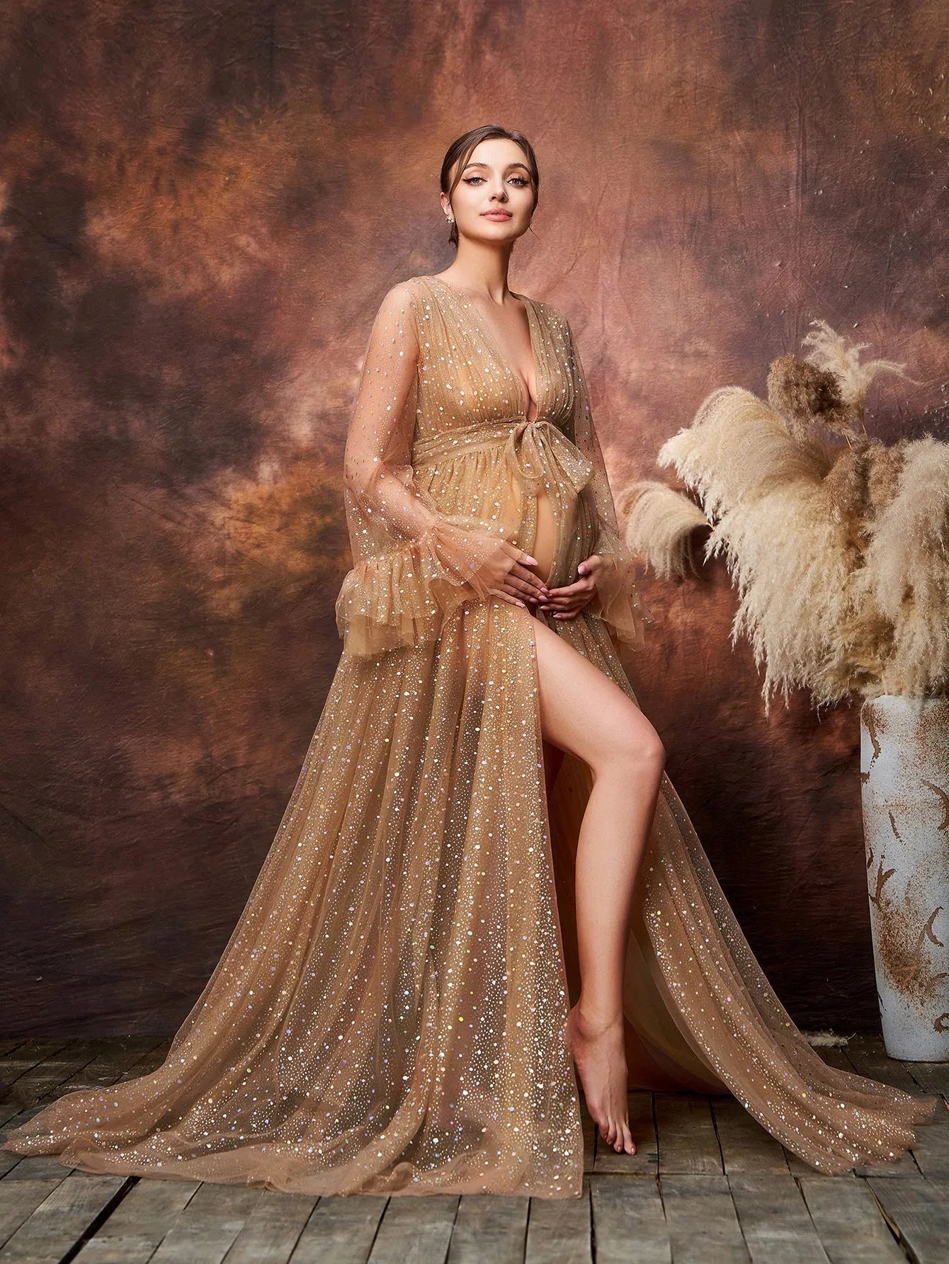 Additional product view of Deep V-Neck Mesh A-Line Long-Sleeve Sequin Maternity Formal Dress