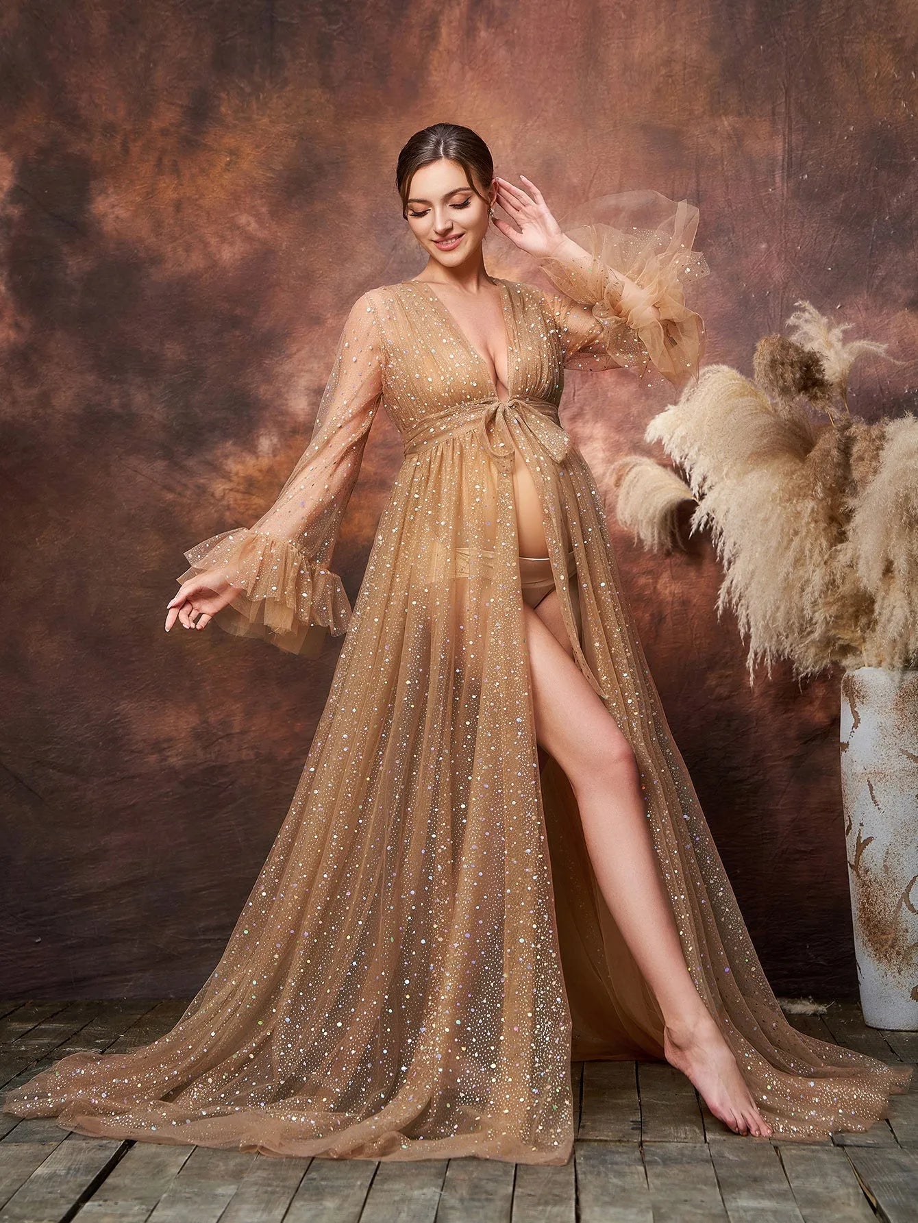Additional product view of Deep V-Neck Mesh A-Line Long-Sleeve Sequin Maternity Formal Dress