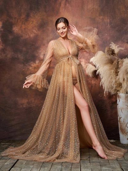 Additional product view of Deep V-Neck Mesh A-Line Long-Sleeve Sequin Maternity Formal Dress
