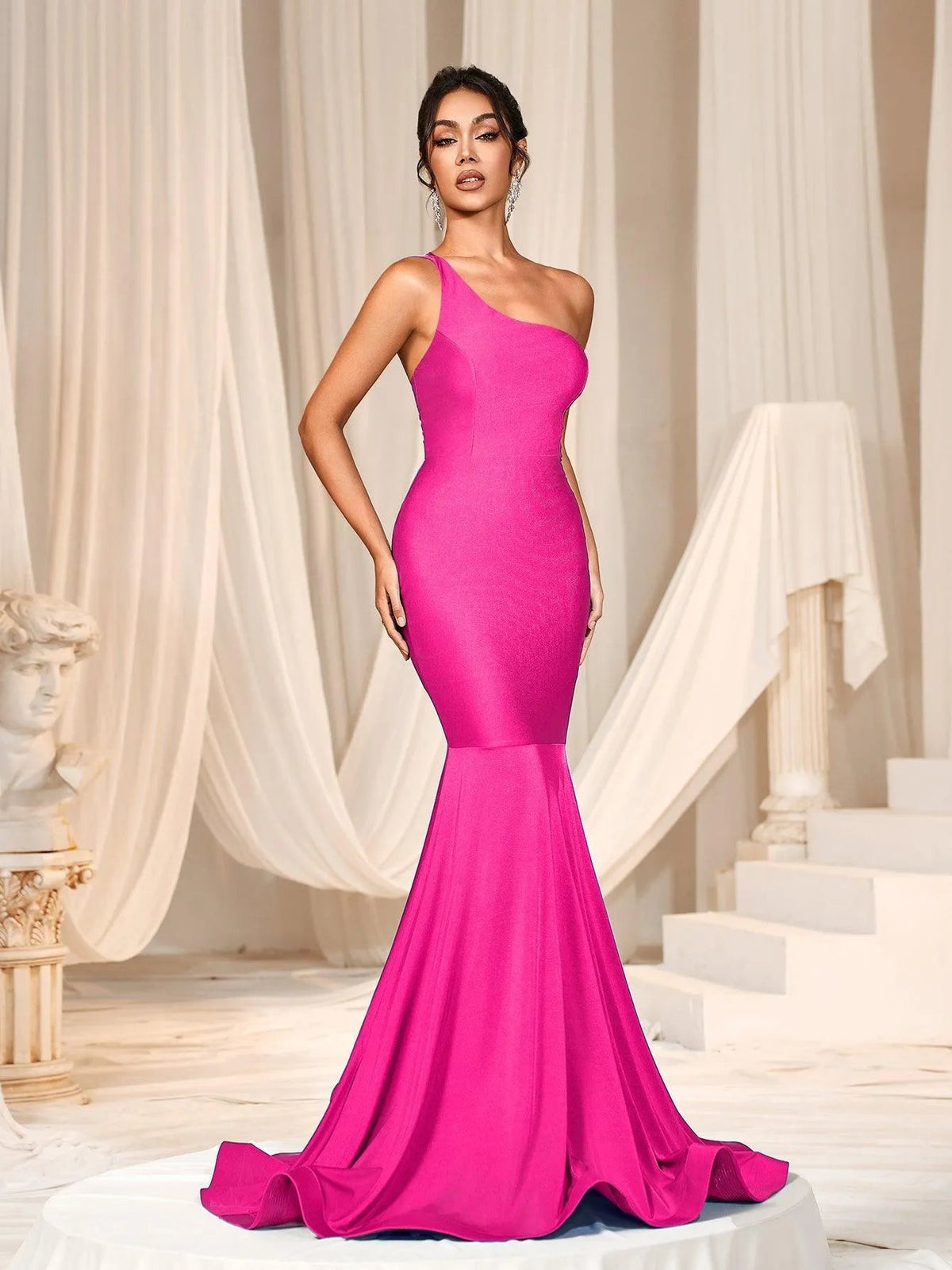 Additional product view of Mermaid Hem One-Shoulder Knit Backless Sleeveless Evening Gown