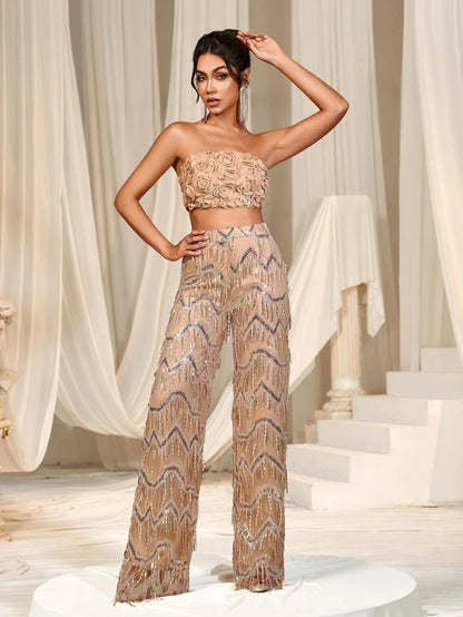 Fringe Pants Strapless Sequin Sleeveless Women's Two-Piece Formal Set in Champagne