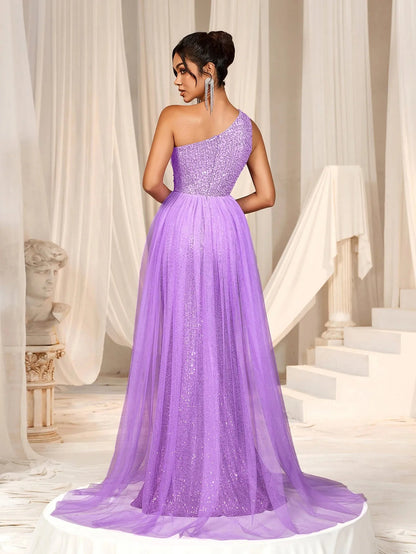 Additional product view of Mesh Overlay One-Shoulder Sequin Mermaid Sleeveless Evening Gown