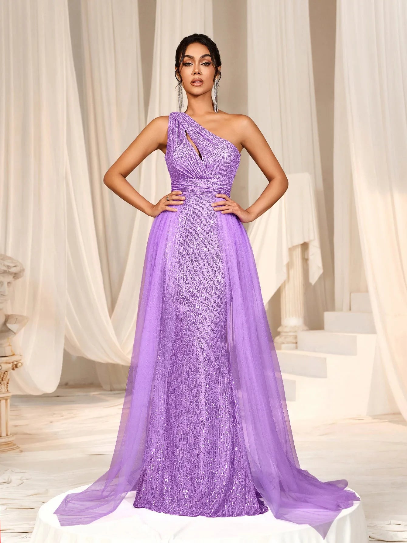 Additional product view of Mesh Overlay One-Shoulder Sequin Mermaid Sleeveless Evening Gown