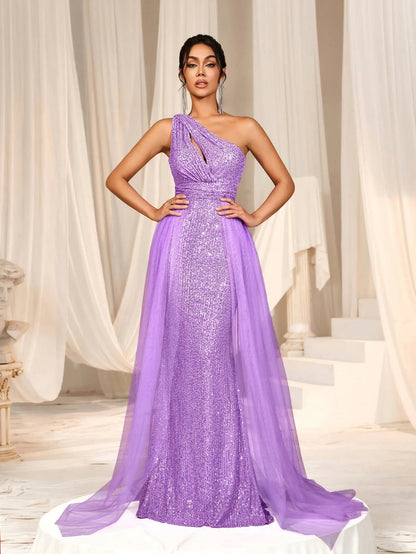 Additional product view of Mesh Overlay One-Shoulder Sequin Mermaid Sleeveless Evening Gown