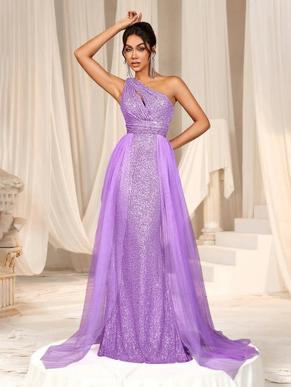 Additional product view of Mesh Overlay One-Shoulder Sequin Mermaid Sleeveless Evening Gown