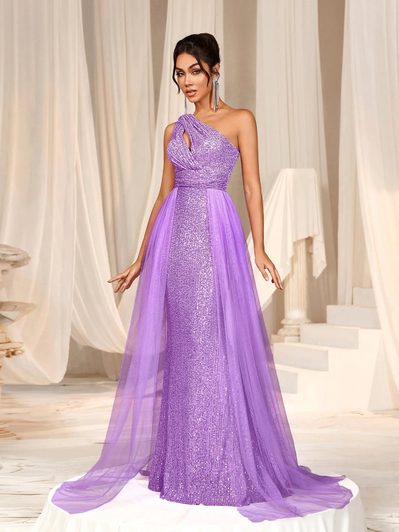 Additional product view of Mesh Overlay One-Shoulder Sequin Mermaid Sleeveless Evening Gown