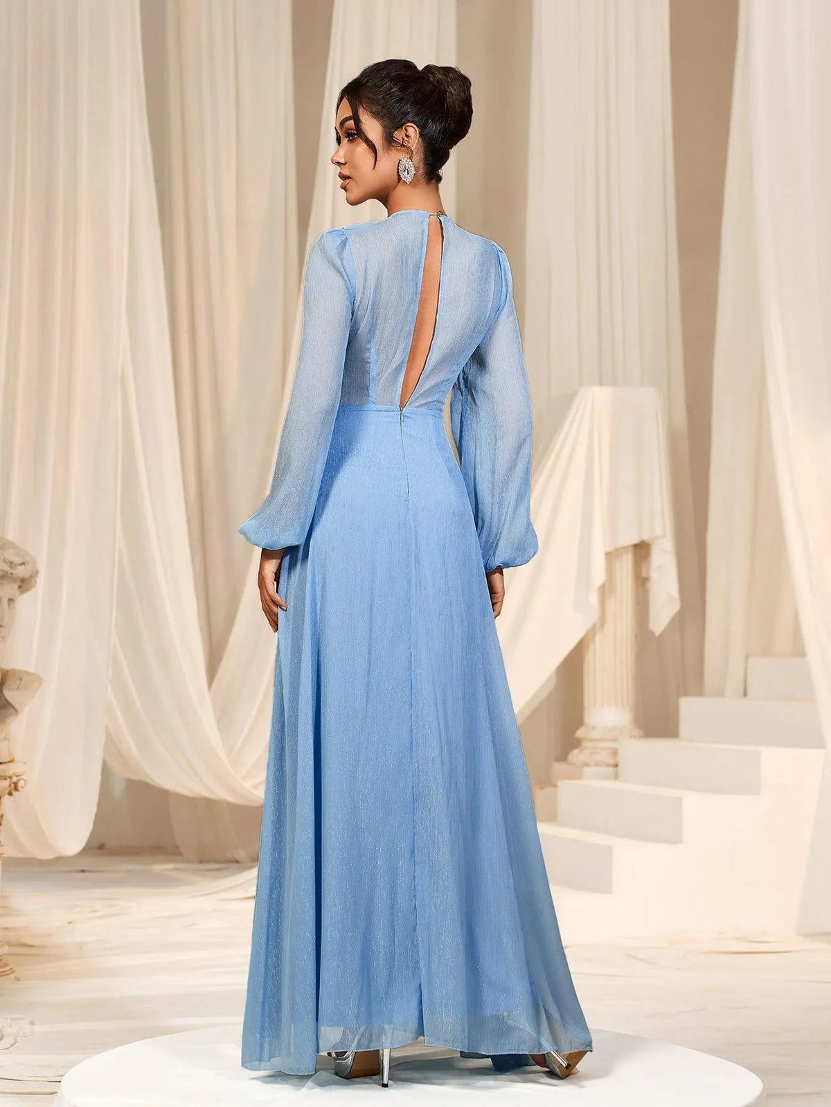 Additional product view of Ruffle Trim V-Neck Chiffon High-Slit A-Line Maxi Formal Dress