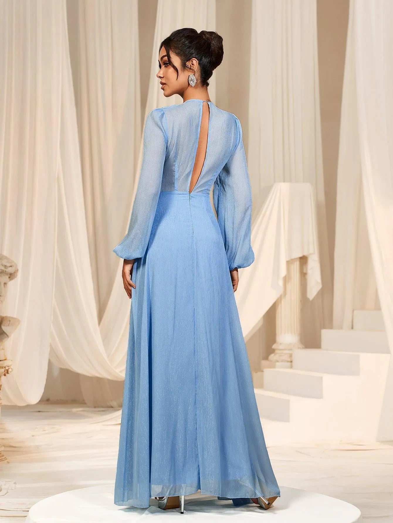Additional product view of Ruffle Trim V-Neck Chiffon High-Slit A-Line Maxi Formal Dress