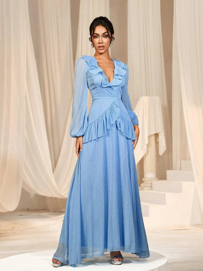 Additional product view of Ruffle Trim V-Neck Chiffon High-Slit A-Line Maxi Formal Dress