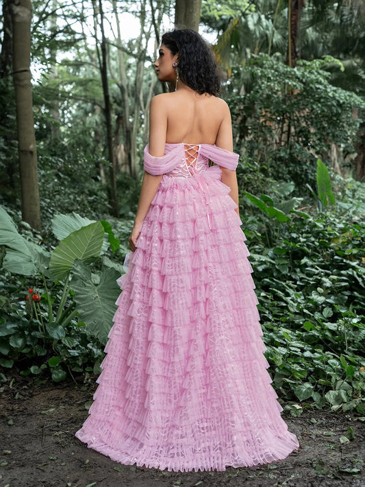 Gorgeous Off-Shoulder Bodice Cascading Ruffle Hem Prom Dress – view 2
