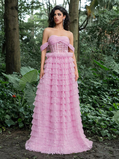 Gorgeous Off-Shoulder Bodice Cascading Ruffle Hem Prom Dress – view 3