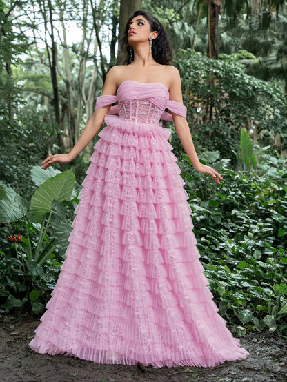 Gorgeous Off-Shoulder Bodice Cascading Ruffle Hem Prom Dress – view 4