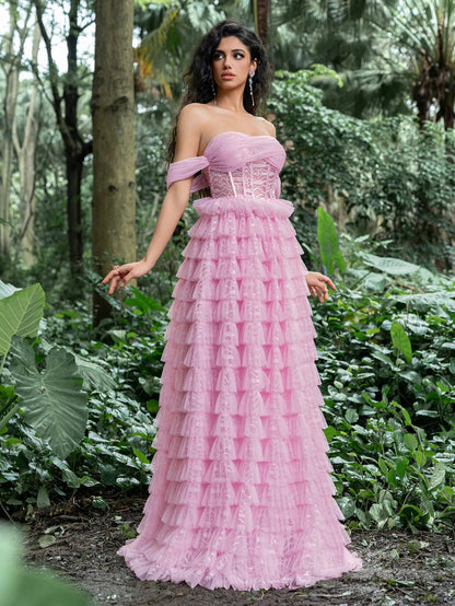 Gorgeous Off-Shoulder Bodice Cascading Ruffle Hem Prom Dress – view 5