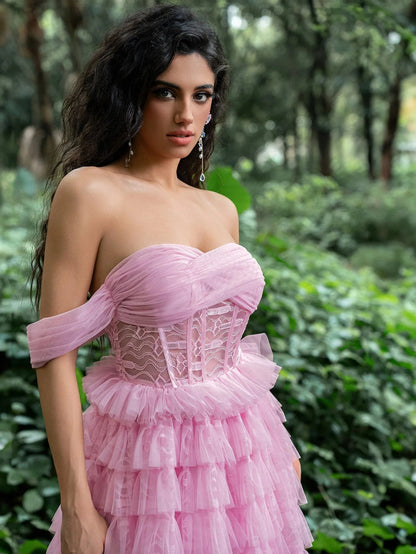 Gorgeous Off-Shoulder Bodice Cascading Ruffle Hem Prom Dress – view 6