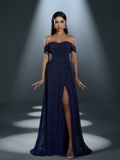 Alternate view of High-Slit Off-Shoulder A-Line Short-Sleeve Maxi Evening Gown in Navy blue